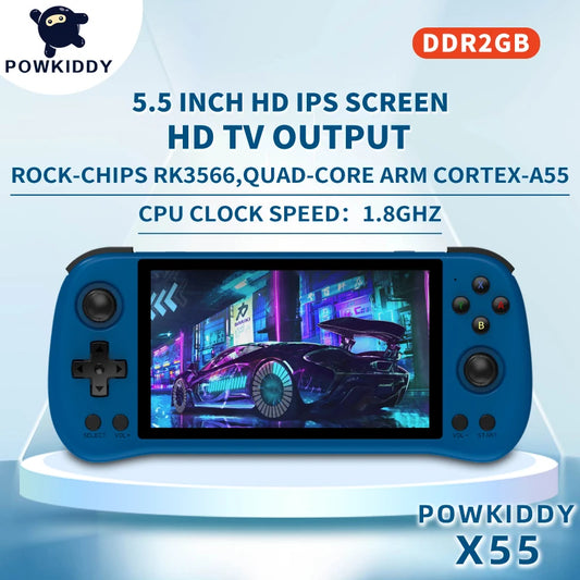 POWKIDDY X55 5.5 INCH 1280*720 IPS Screen RK3566 Handheld Game Console Open-Source Retro Console Children's gifts